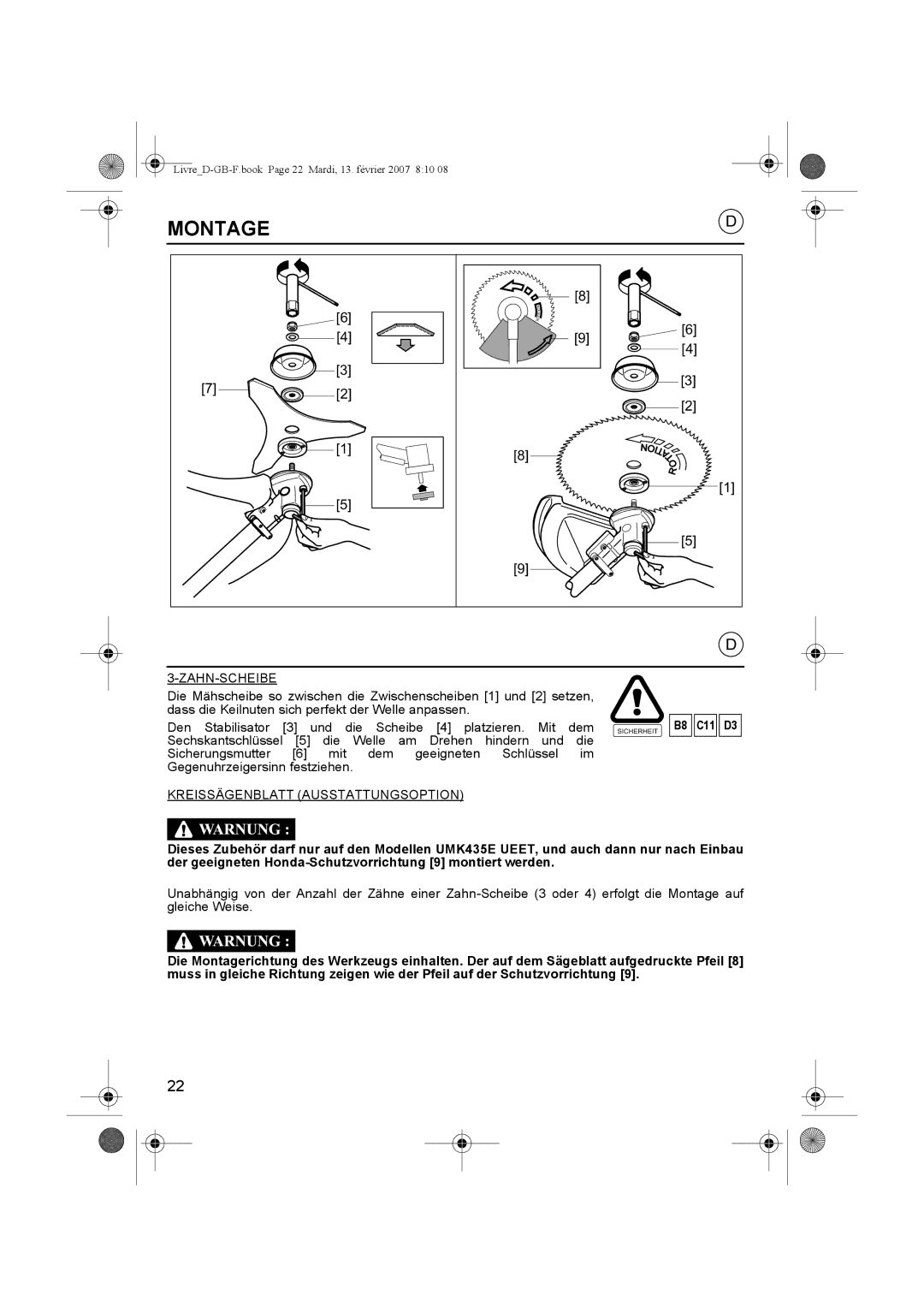 Honda Power Equipment UMK435E owner manual Kreissägenblatt Ausstattungsoption 