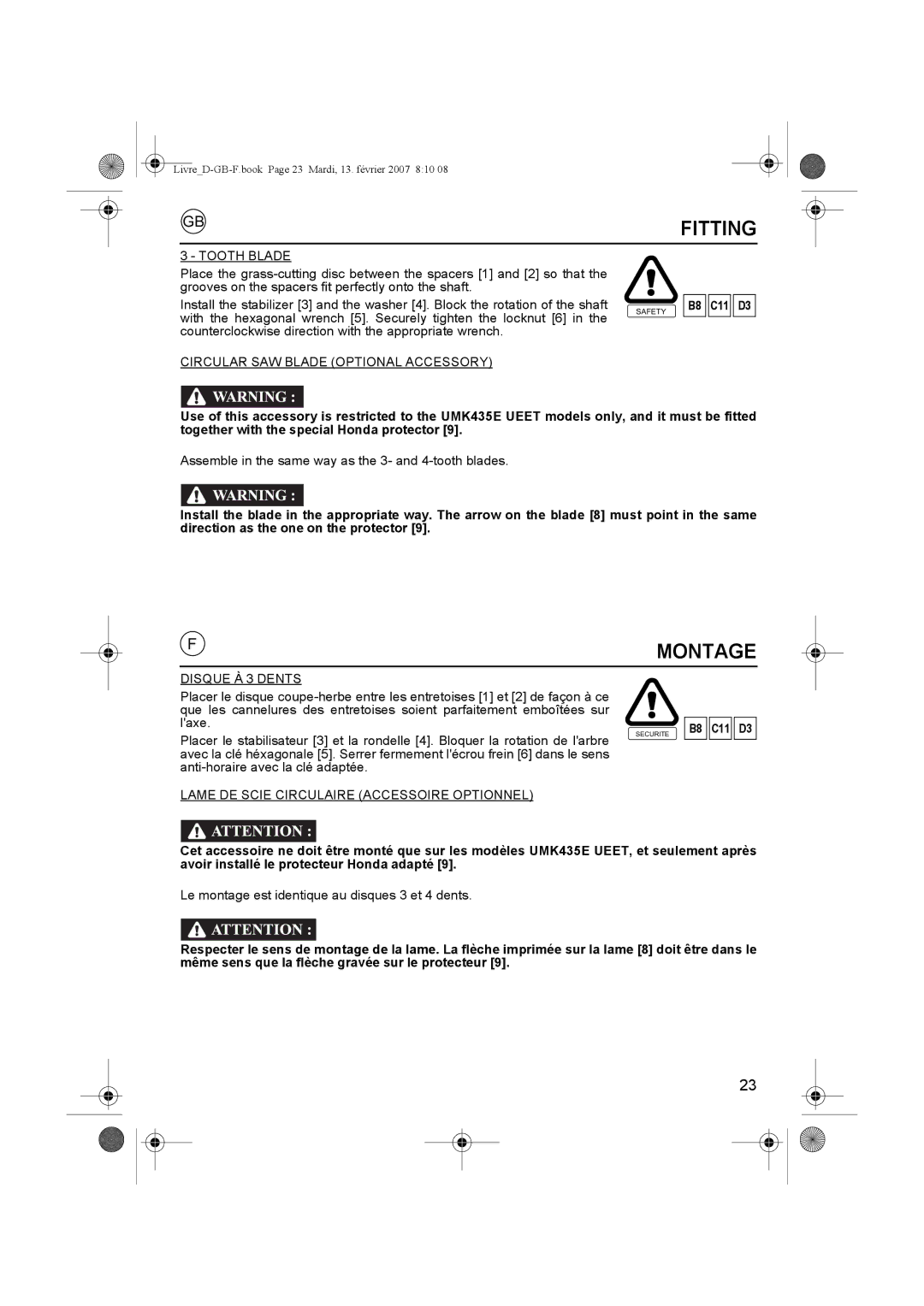 Honda Power Equipment UMK435E owner manual Tooth Blade 