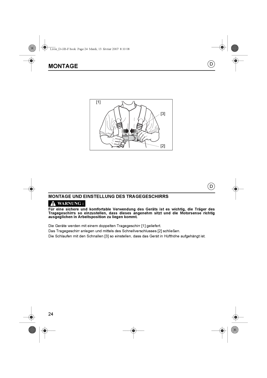 Honda Power Equipment UMK435E owner manual Montage UND Einstellung DES Tragegeschirrs 