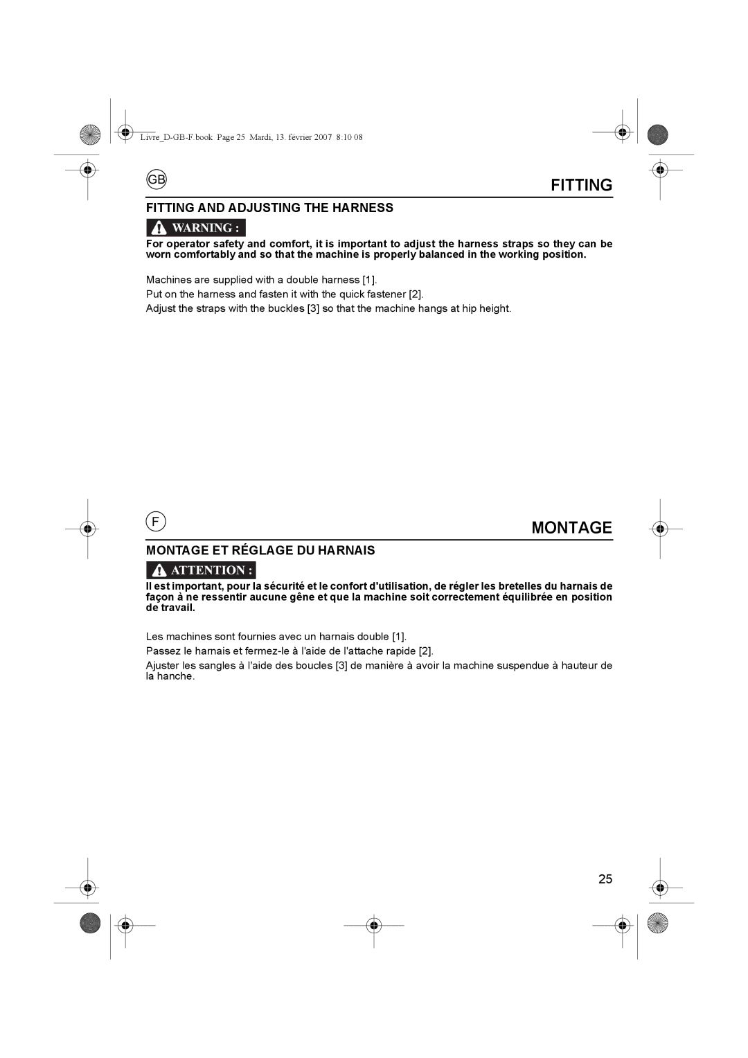 Honda Power Equipment UMK435E owner manual Fitting and Adjusting the Harness, Montage ET Réglage DU Harnais 