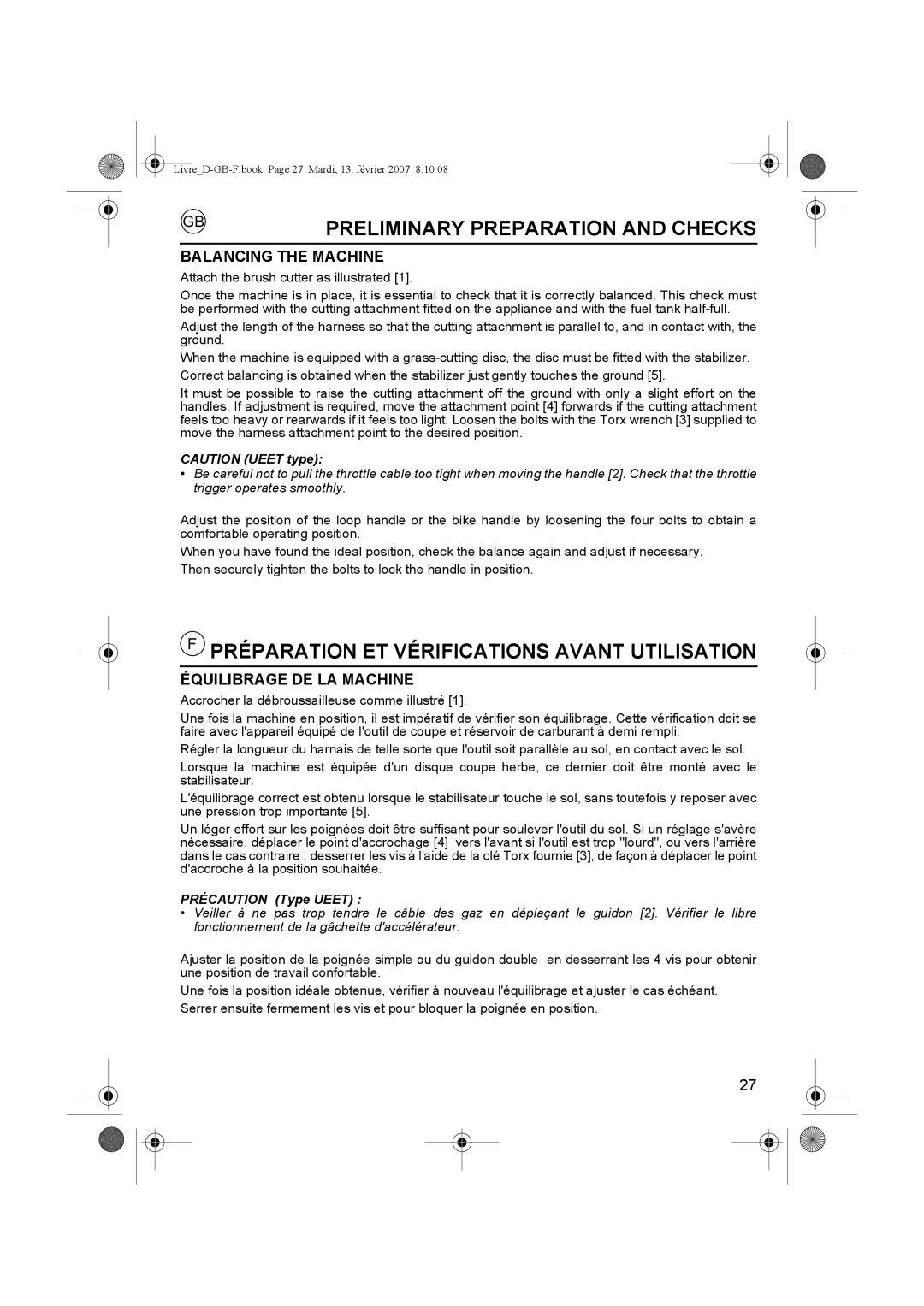 Honda Power Equipment UMK435E Preliminary Preparation and Checks, Préparation ET Vérifications Avant Utilisation 