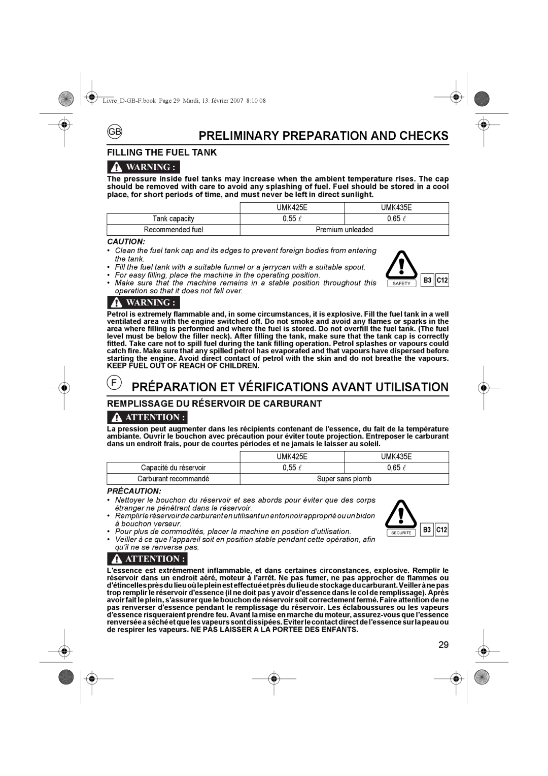 Honda Power Equipment UMK435E owner manual Filling the Fuel Tank, Remplissage DU Réservoir DE Carburant 