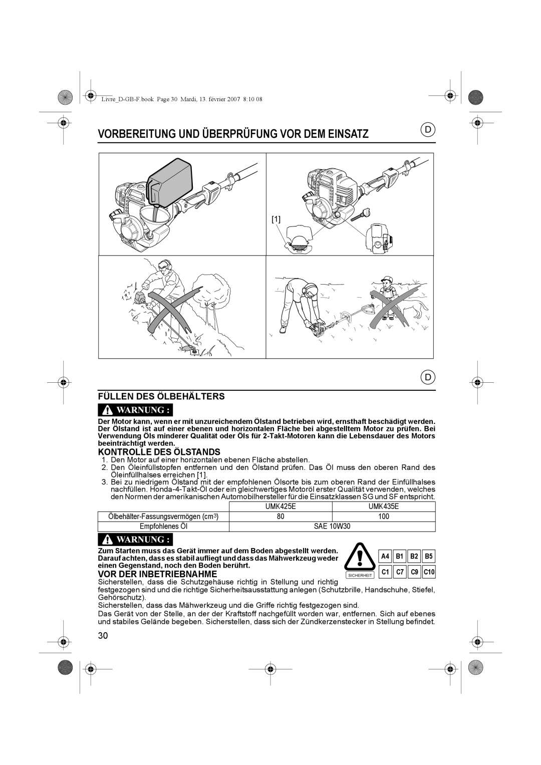 Honda Power Equipment UMK435E owner manual Füllen DES Ölbehälters, Kontrolle DES Ölstands, VOR DER Inbetriebnahme, C10 