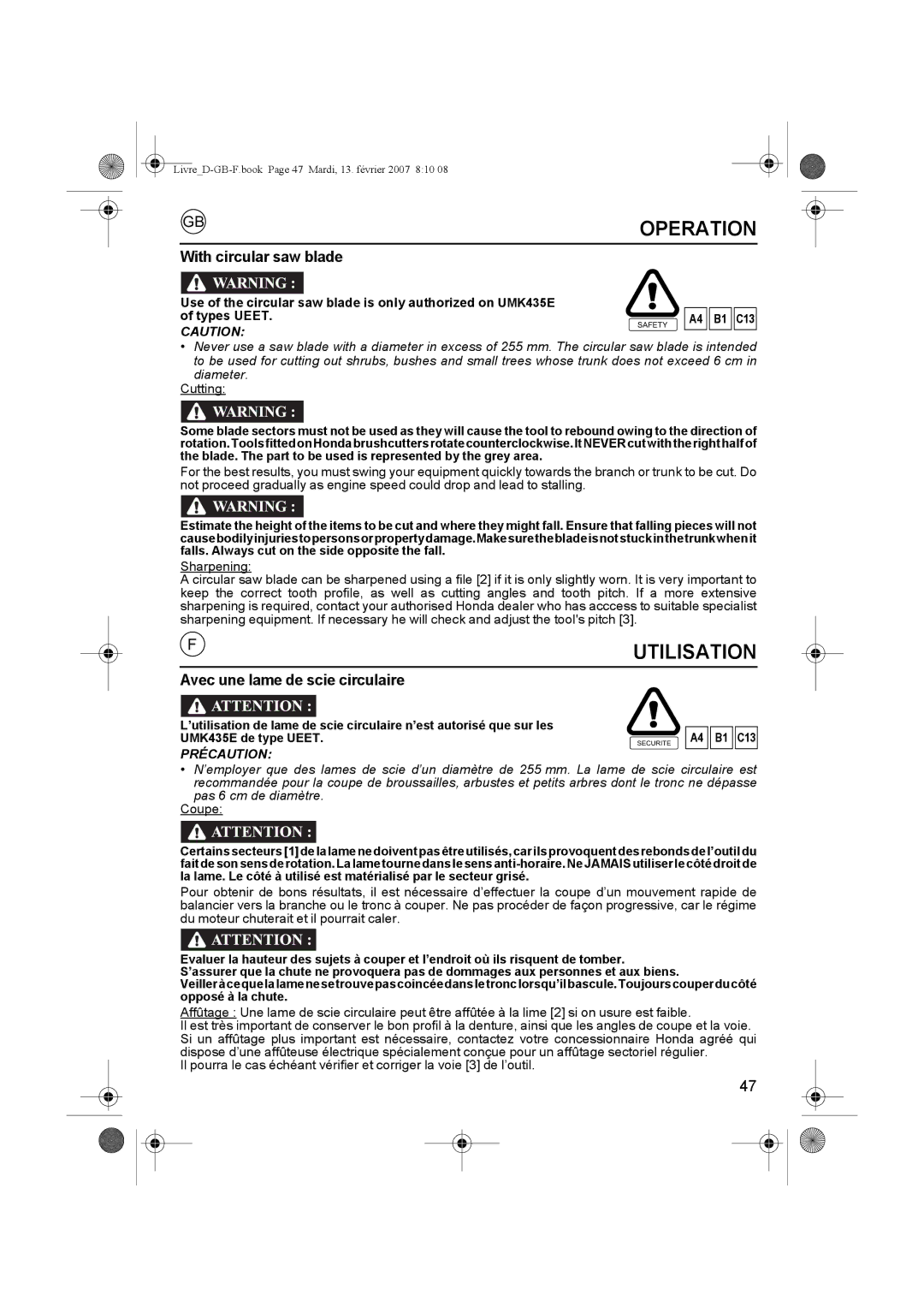 Honda Power Equipment UMK435E owner manual Avec une lame de scie circulaire, C13 