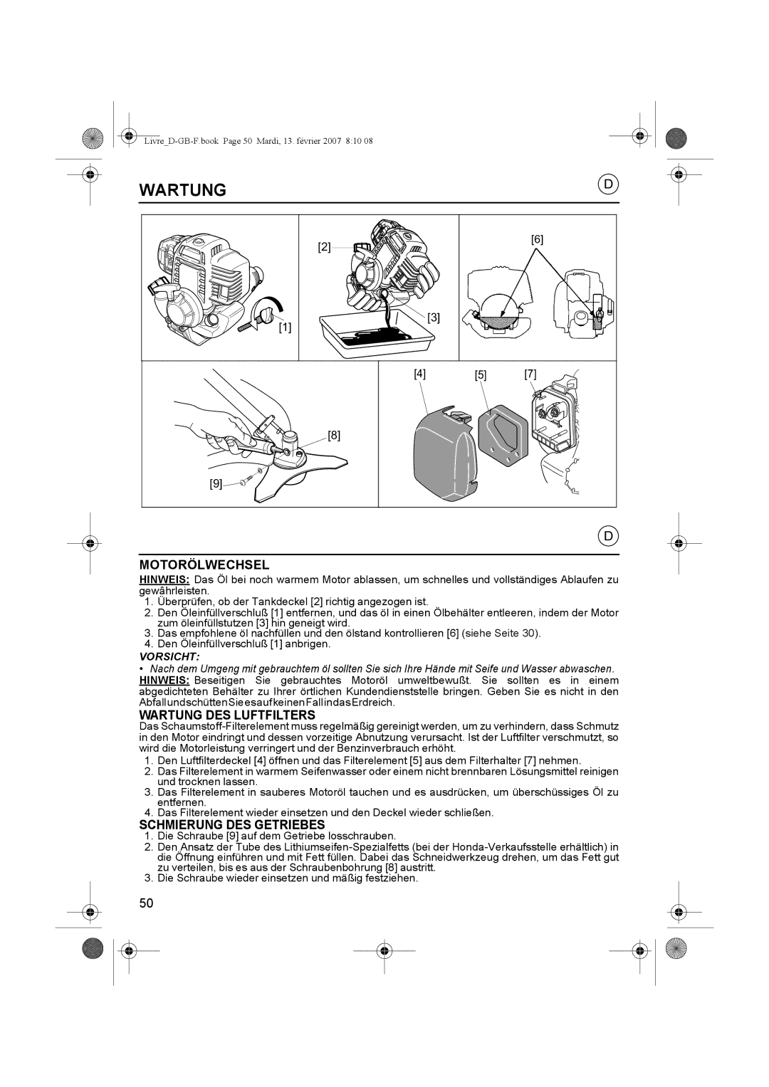 Honda Power Equipment UMK435E owner manual Motorölwechsel, Wartung DES Luftfilters, Schmierung DES Getriebes 