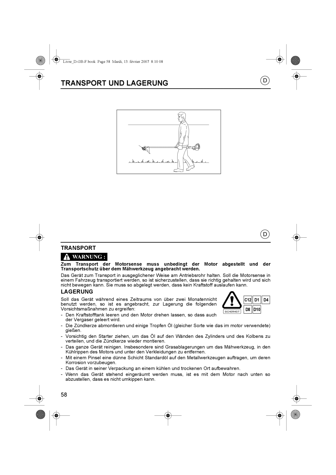 Honda Power Equipment UMK435E owner manual Transport UND Lagerung, C12 D1 D4 D8 D10 