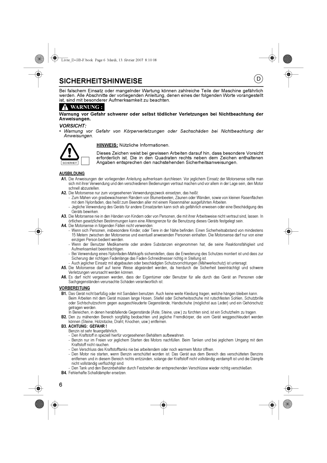 Honda Power Equipment UMK435E owner manual Sicherheitshinweise, Ausbildung, Vorbereitung 