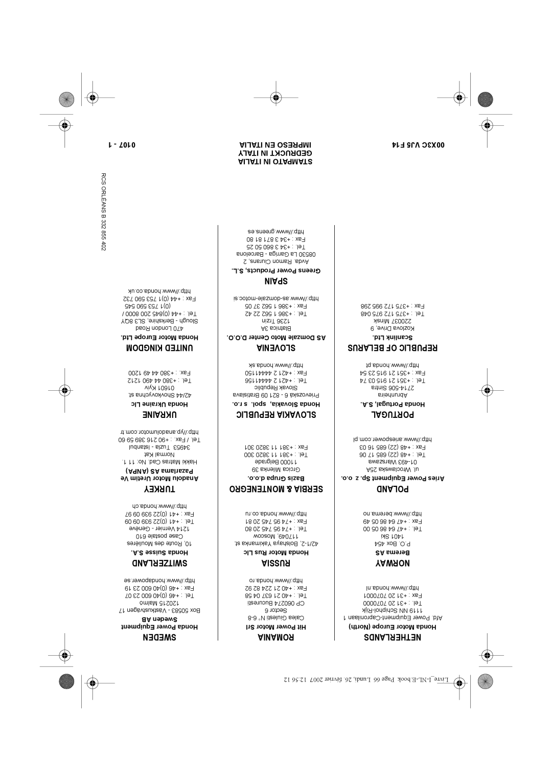 Honda Power Equipment UMK435E owner manual Kingdom United, Republic Slovakia, Montenegro & Serbia, Belarus of Republic 