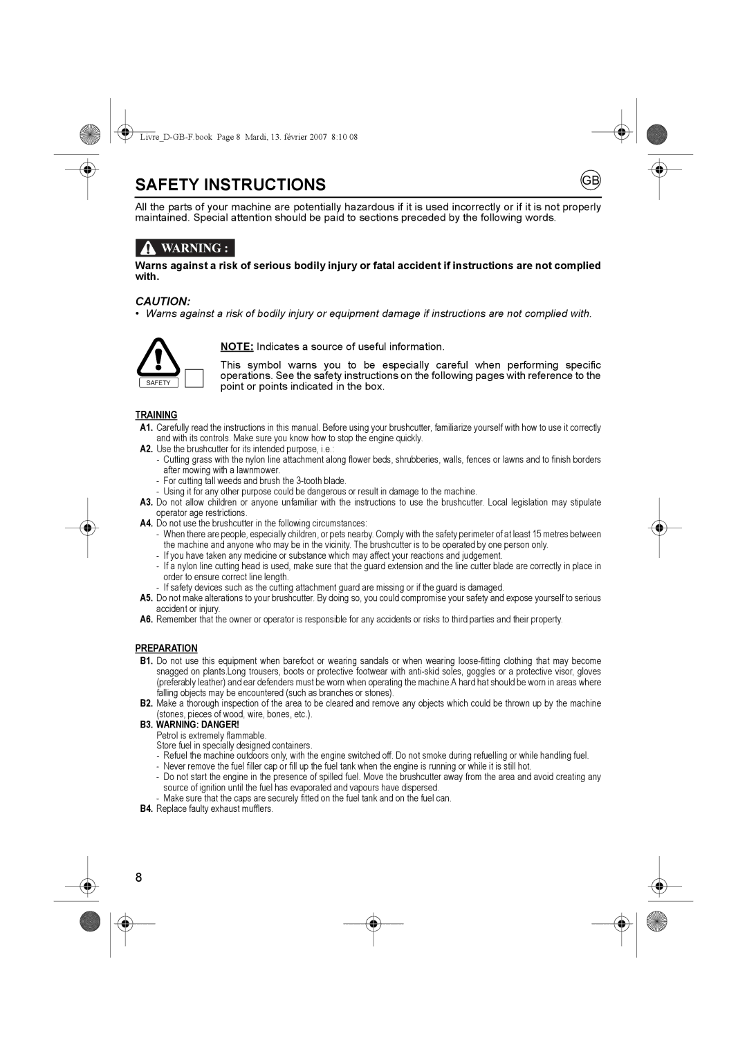 Honda Power Equipment UMK435E owner manual Safety Instructions, Training, Preparation, B3. Warning Danger 