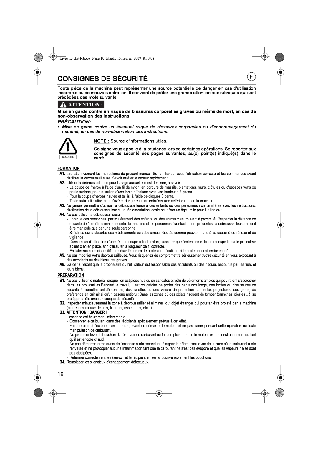 Honda Power Equipment UMK435E owner manual Consignes De Sécurité, Précaution, Formation, Preparation, B3. ATTENTION DANGER 