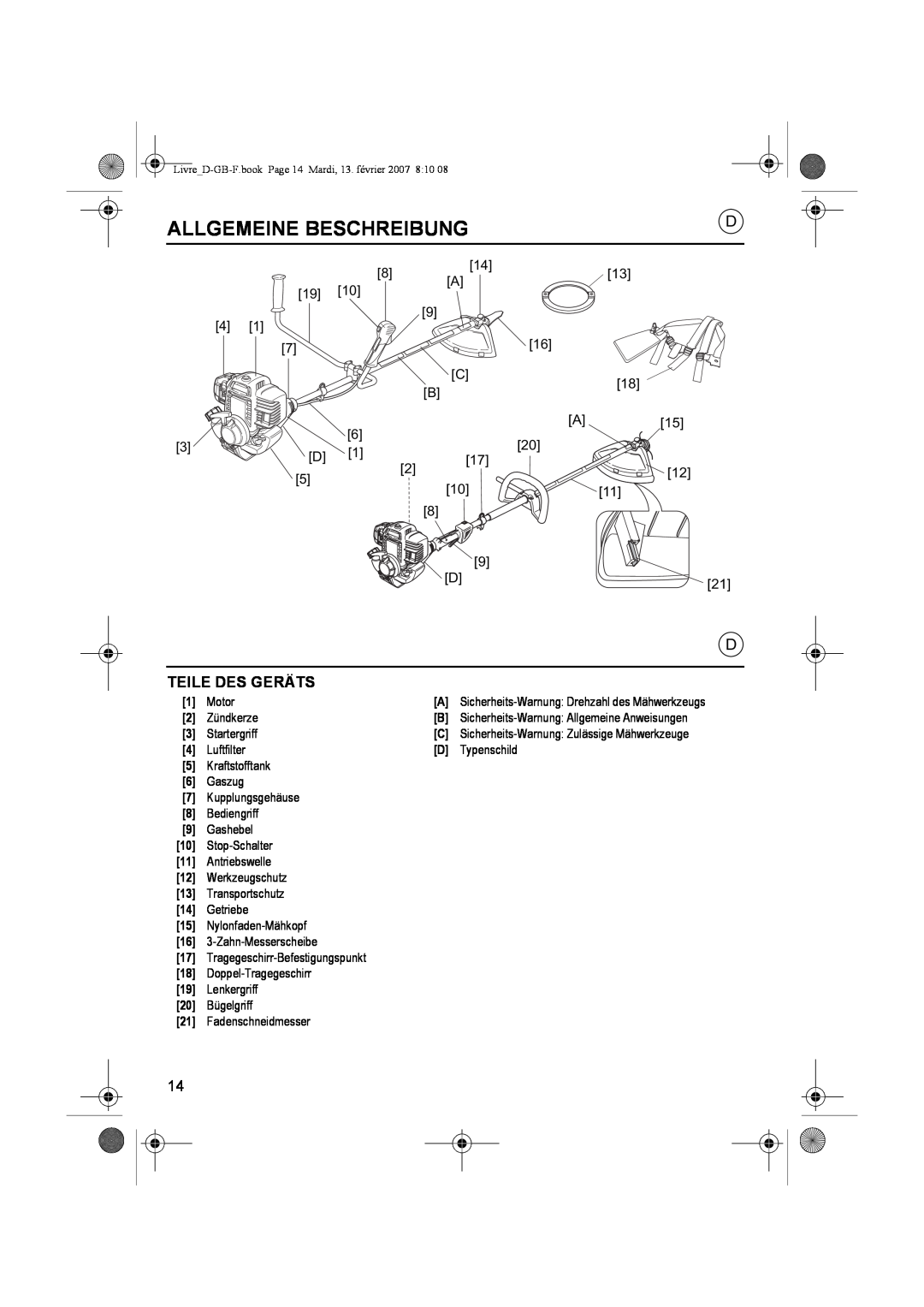 Honda Power Equipment UMK435E owner manual Allgemeine Beschreibung, Teile Des Geräts 