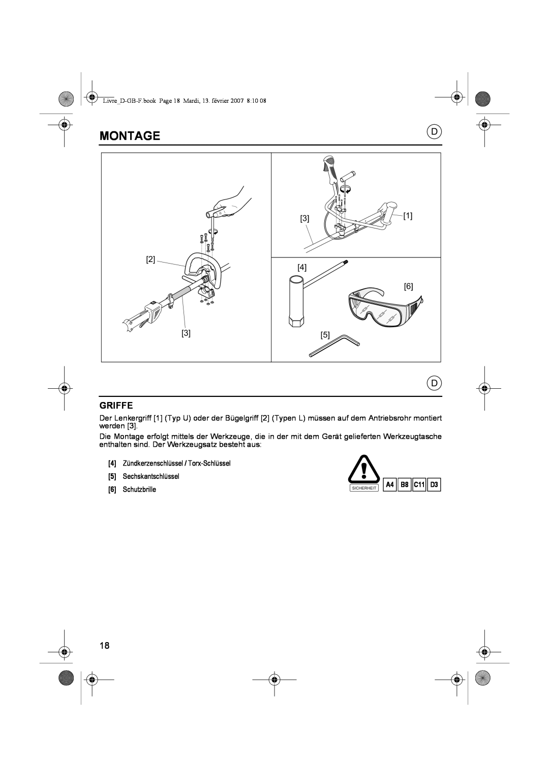 Honda Power Equipment UMK435E Montage, Griffe, A4 B8 C11 D3, LivreD-GB-F.book Page 18 Mardi, 13. février, Sicherheit 