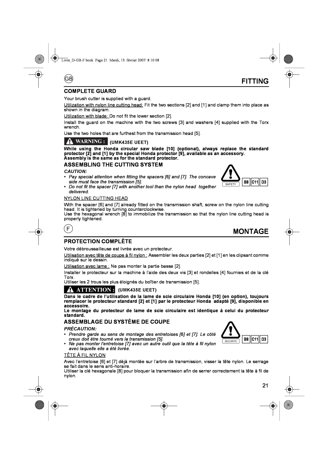 Honda Power Equipment owner manual Fitting, Montage, UMK435E UEET, B8 C11 D3 