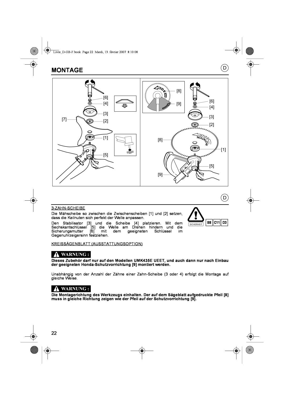 Honda Power Equipment UMK435E owner manual Montage, Zahn-Scheibe, B8 C11 D3 