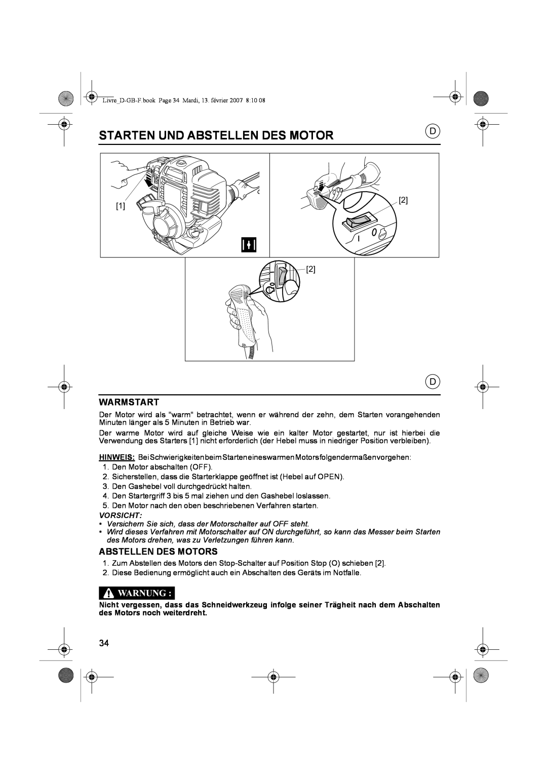 Honda Power Equipment UMK435E owner manual Starten Und Abstellen Des Motor, Warmstart, Abstellen Des Motors 