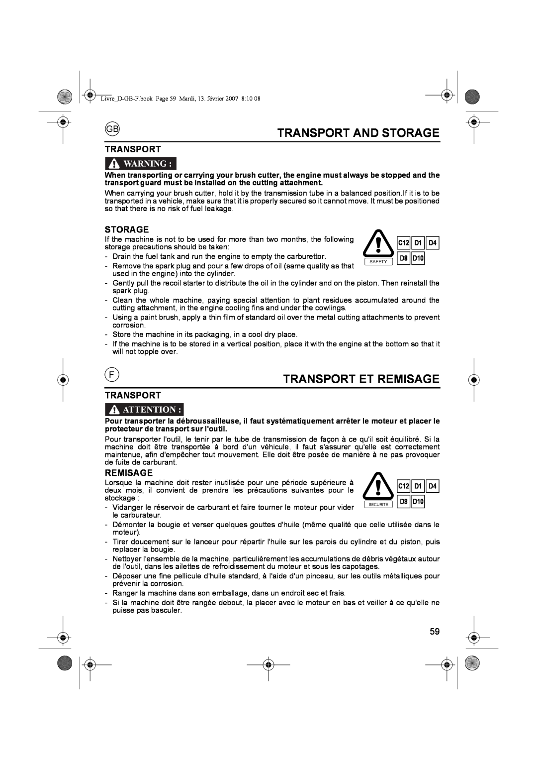 Honda Power Equipment UMK435E owner manual Transport And Storage, Transport Et Remisage, C12 D1 D4 D8 D10 