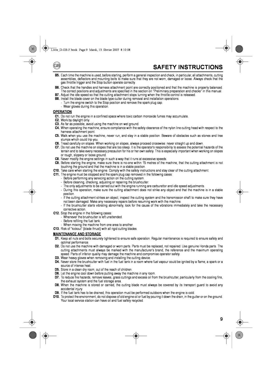 Honda Power Equipment UMK435E owner manual Safety Instructions, Operation, Maintenance And Storage 