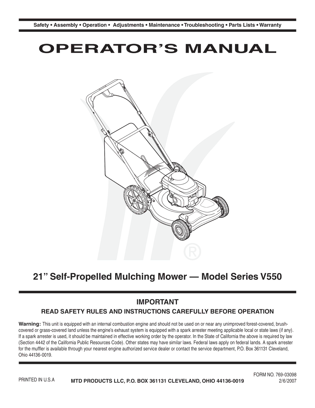 Honda Power Equipment V550 warranty OPERATOR’S Manual, Self-Propelled Mulching Mower Model Series 