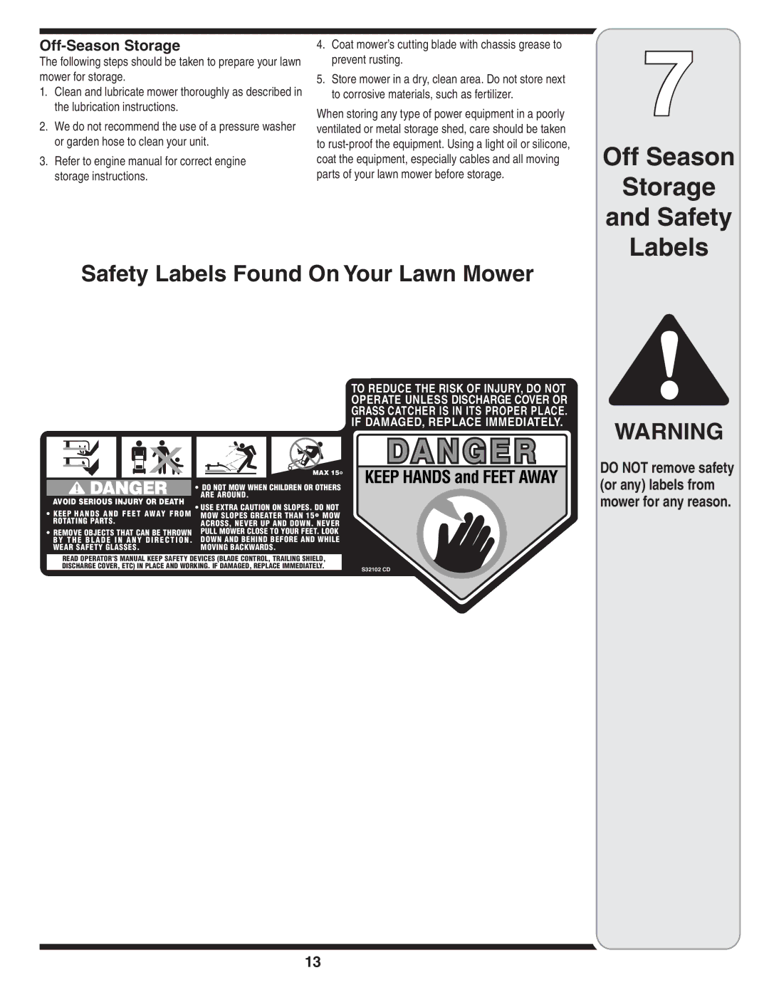 Honda Power Equipment V550 Off Season Storage Safety Labels, Safety Labels Found On Your Lawn Mower, Off-Season Storage 