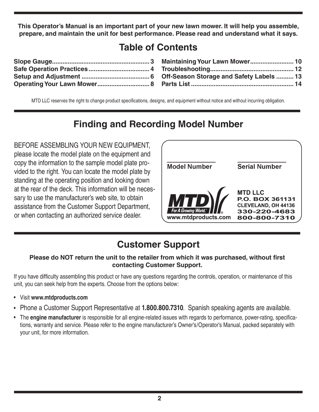 Honda Power Equipment V550 warranty Table of Contents, Finding and Recording Model Number, Customer Support 