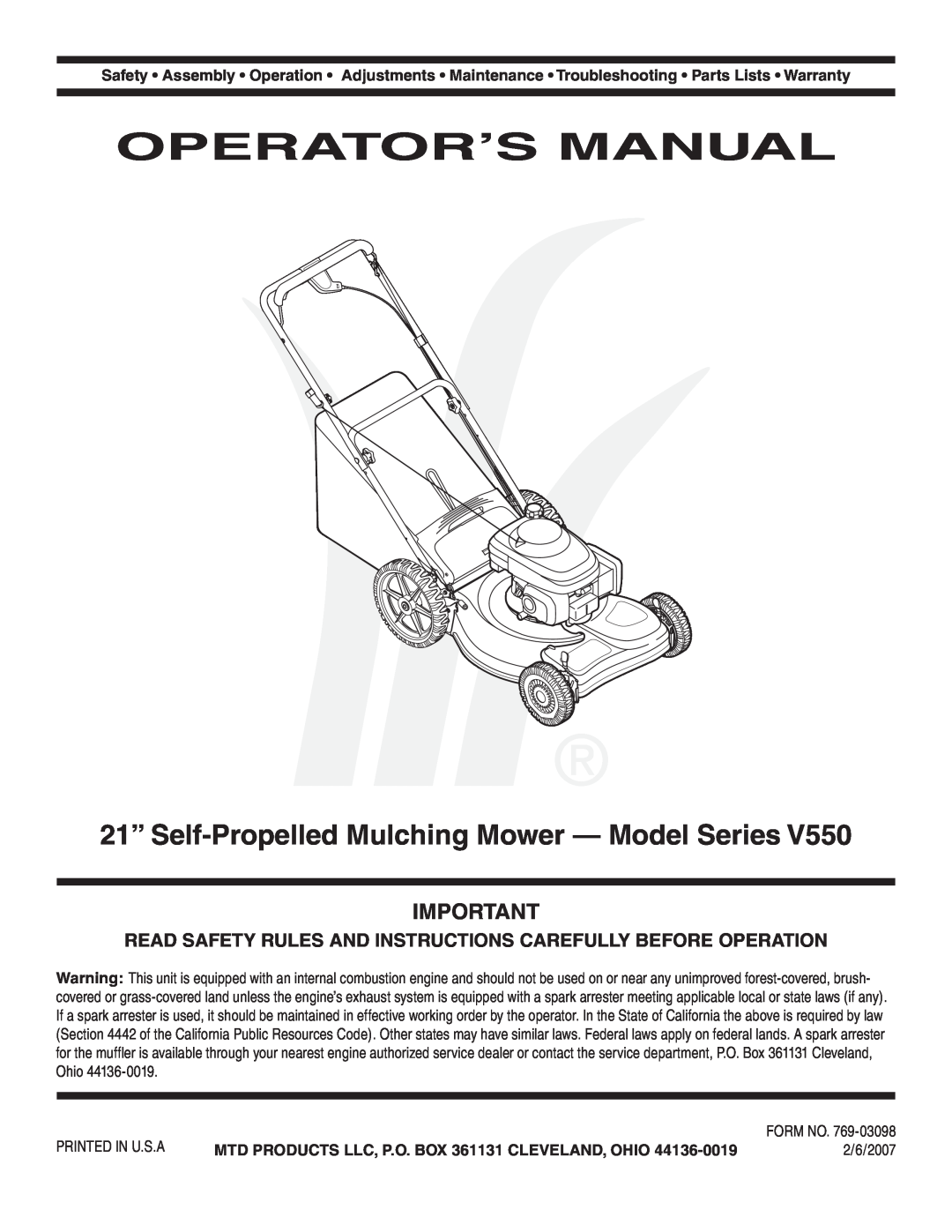 Honda Power Equipment V550 warranty Operator’S Manual, 21” Self-Propelled Mulching Mower - Model Series 