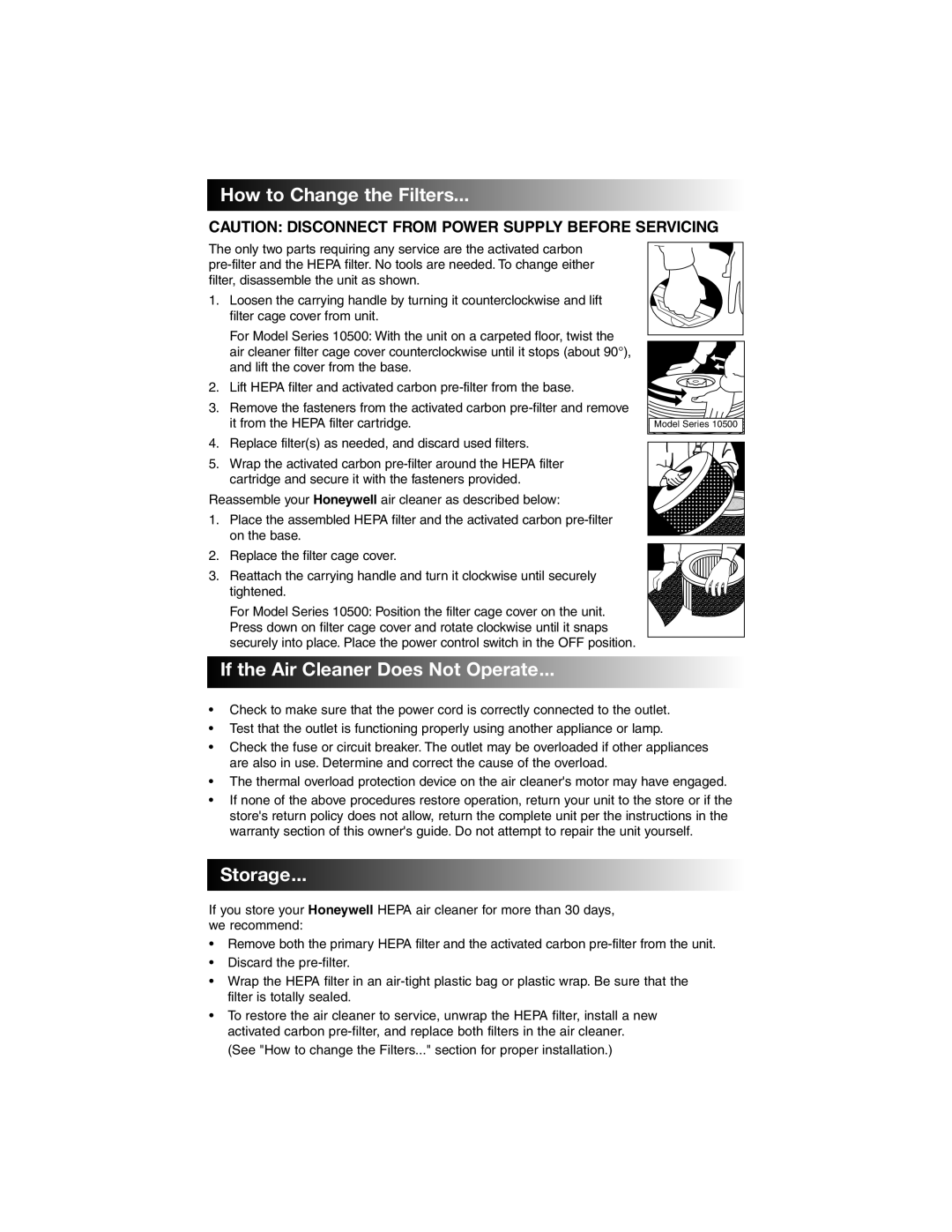 Honeywell 13350, 10500, 12500, 13500, 14500, 11500 How to Change the Filters, If the Air Cleaner Does Not Operate, Storage 