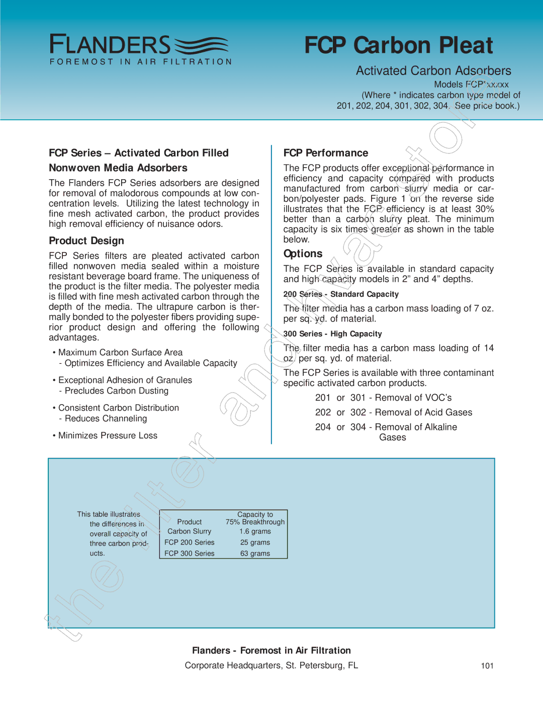 Honeywell 11255 manual FCP Carbon Pleat, Activated Carbon Adsorbers, FCP Performance 