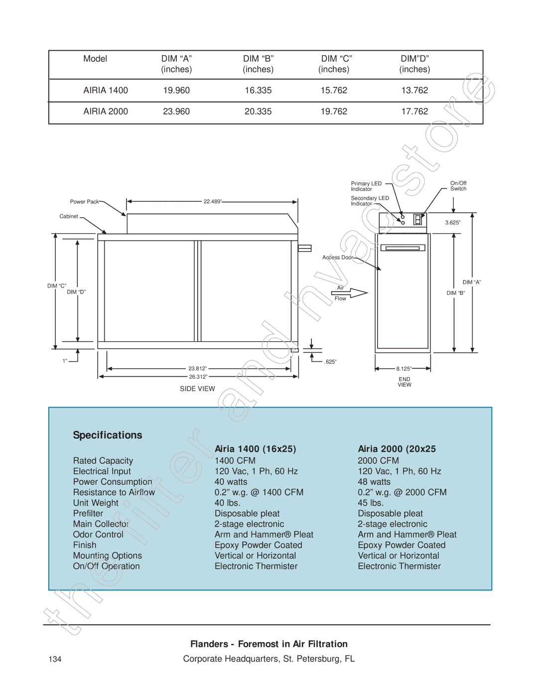 Honeywell 11255 manual Specifications, Airia 1400 Airia 2000 