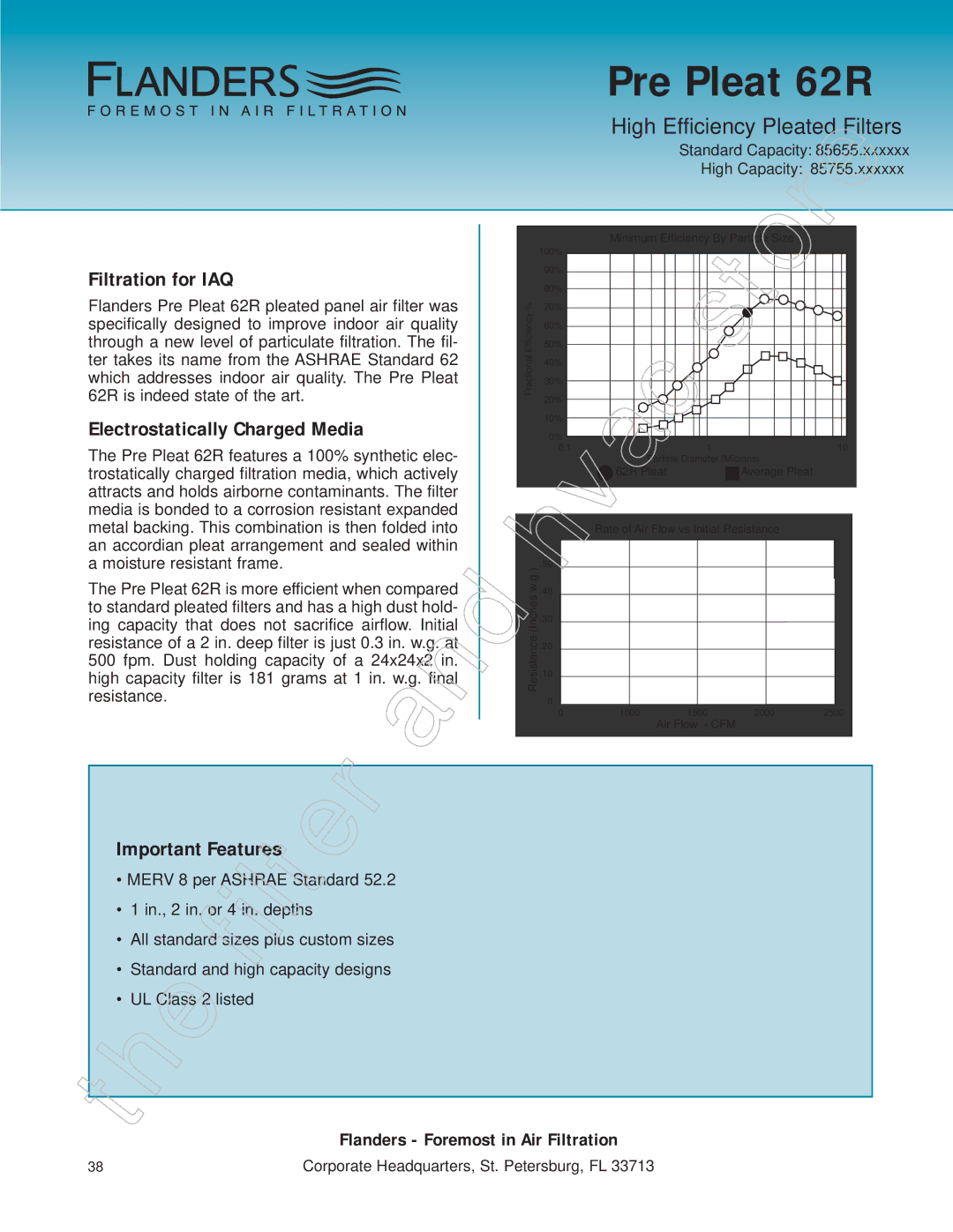 Honeywell 11255 manual Pre Pleat 62R, High Efficiency Pleated Filters, Filtration for IAQ, Electrostatically Charged Media 