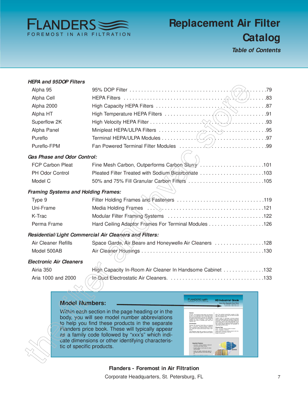 Honeywell 11255 manual Model Numbers, Flanders Foremost in Air Filtration 