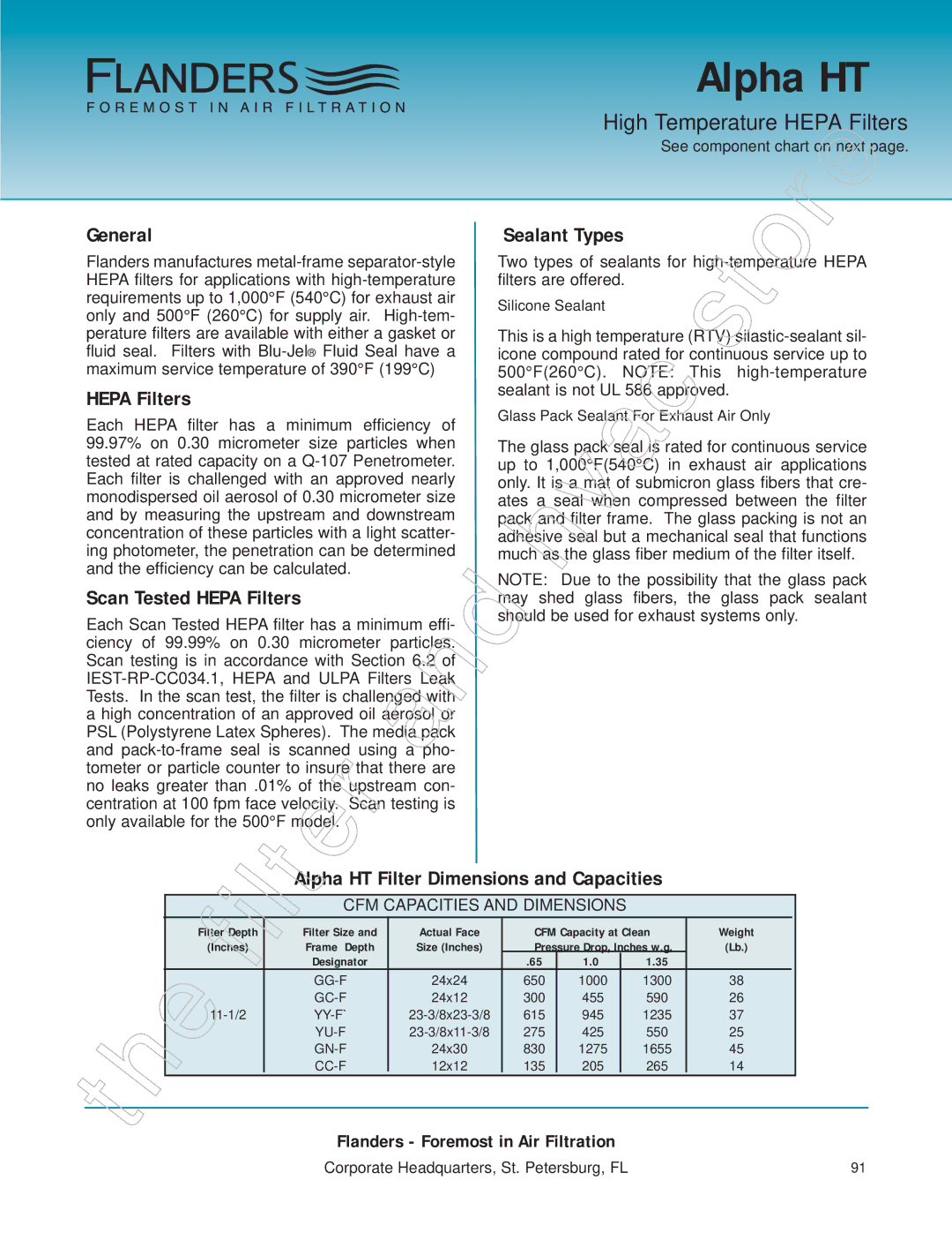 Honeywell 11255 manual High Temperature Hepa Filters, Sealant Types, Alpha HT Filter Dimensions and Capacities 