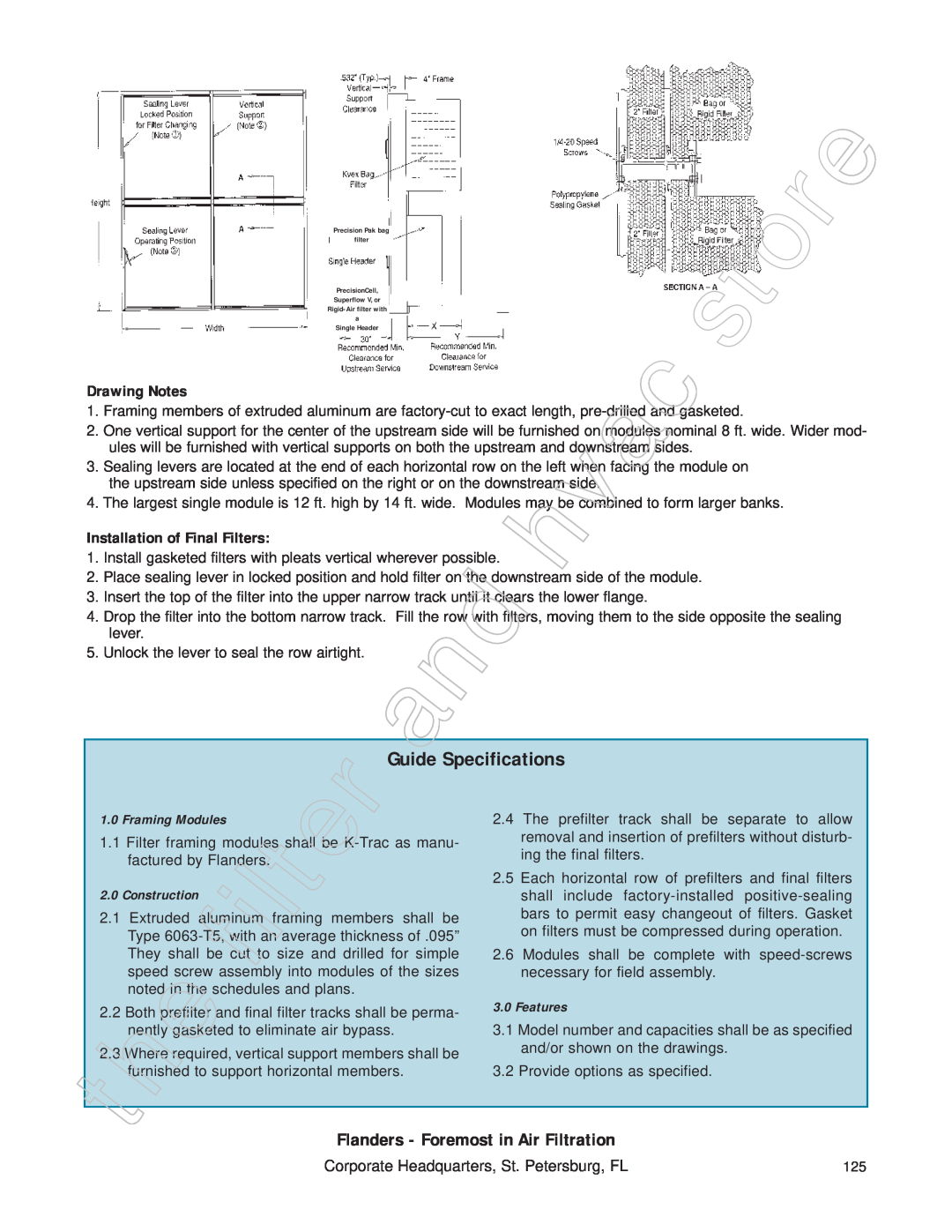 Honeywell 11255 manual Guide Specifications, Drawing Notes, Installation of Final Filters, Framing Modules, Features 