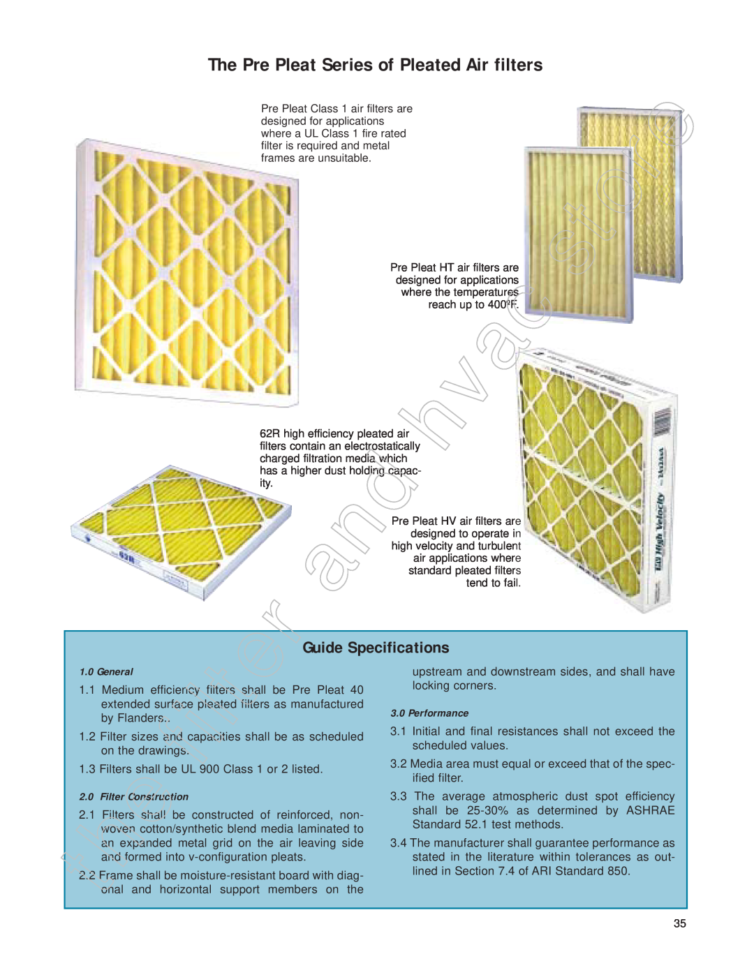 Honeywell 11255 manual The Pre Pleat Series of Pleated Air filters, Guide Specifications, General, Performance 