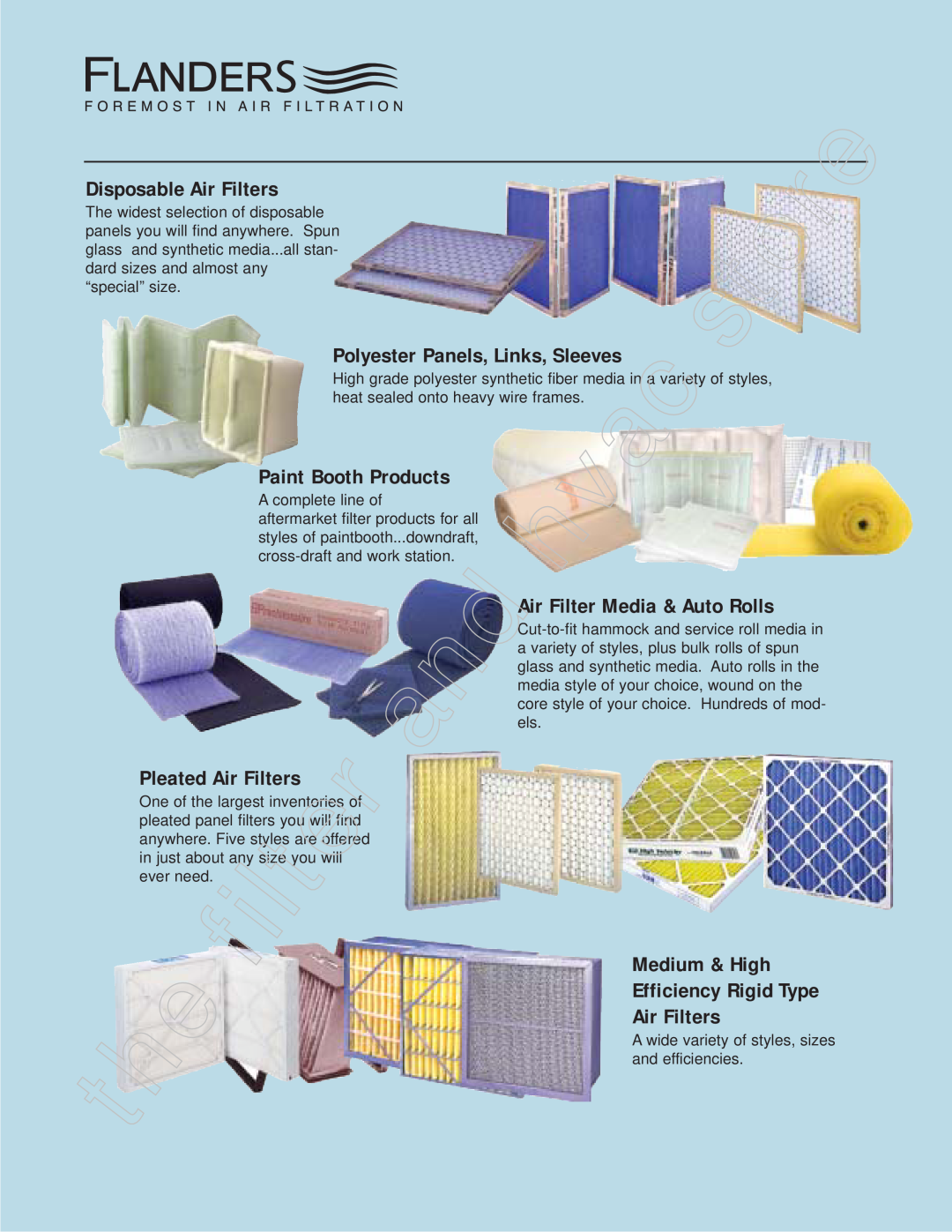 Honeywell 11255 manual Disposable Air Filters, Polyester Panels, Links, Sleeves, Paint Booth Products, Pleated Air Filters 