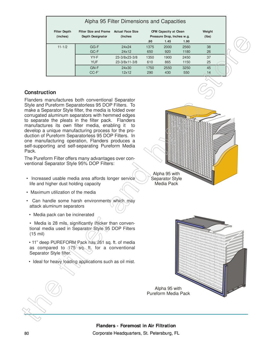 Honeywell 11255 manual Construction, Alpha 95 Filter Dimensions and Capacities, Flanders - Foremost in Air Filtration 