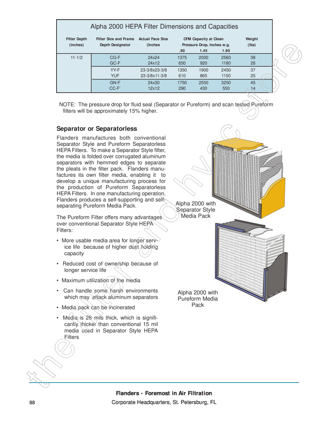 Honeywell 11255 manual Separator or Separatorless, Alpha 2000 HEPA Filter Dimensions and Capacities 