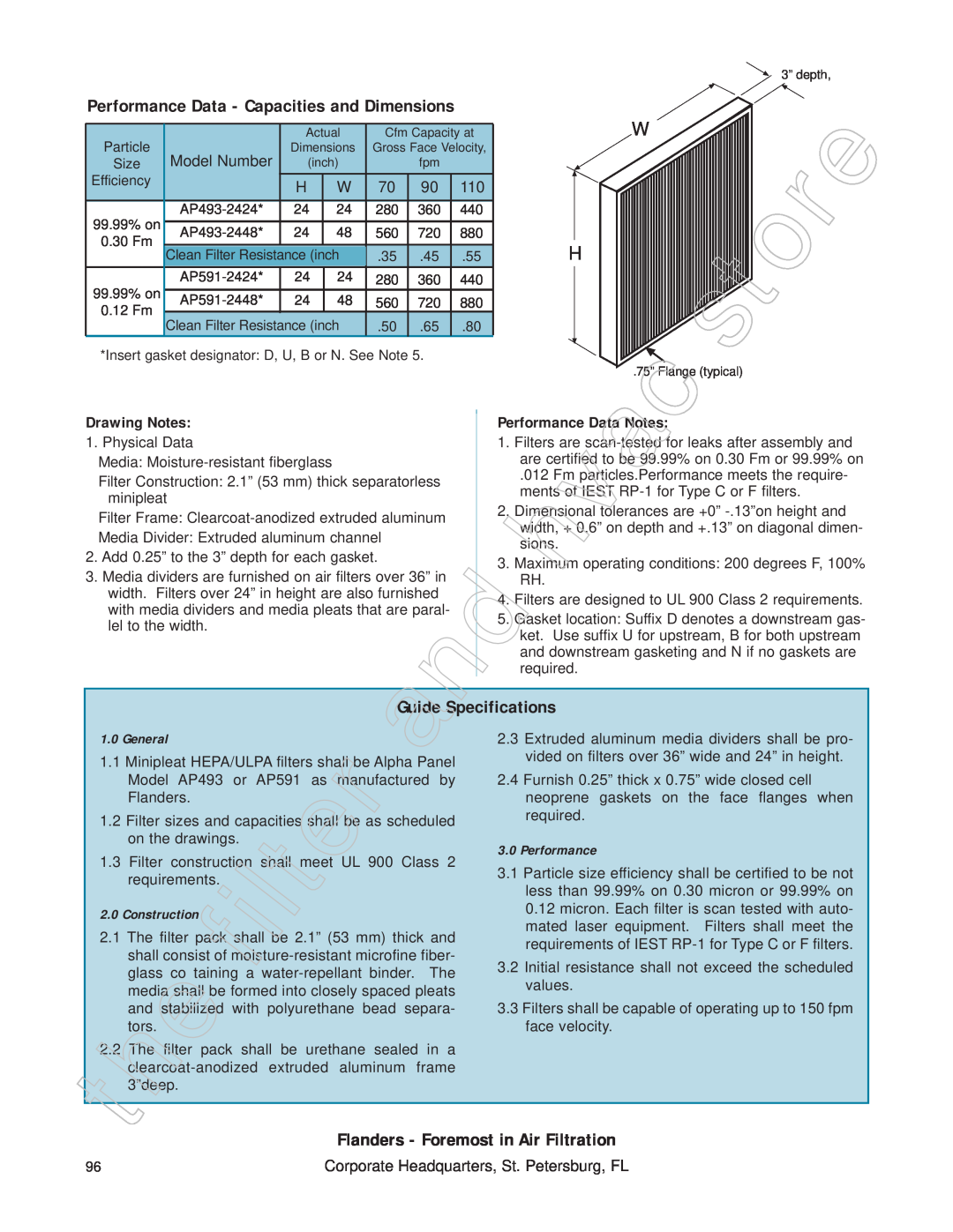 Honeywell 11255 Performance Data - Capacities and Dimensions, Guide Specifications, Flanders - Foremost in Air Filtration 