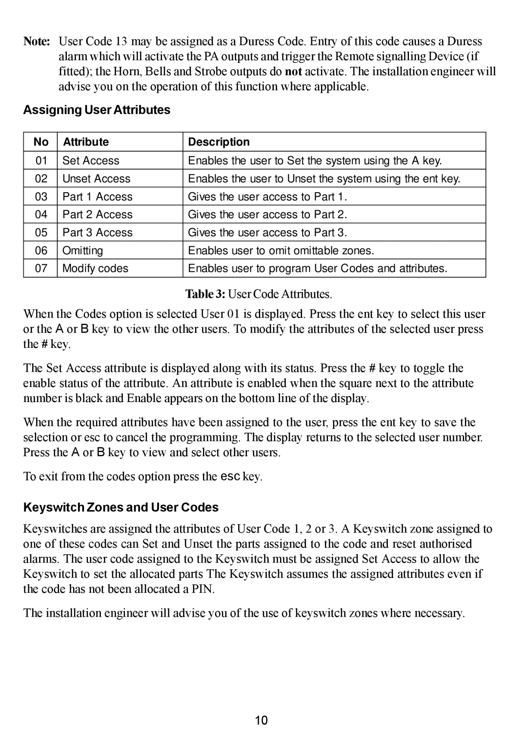 Honeywell 16 Plus manual Assigning User Attributes, Keyswitch Zones and User Codes 