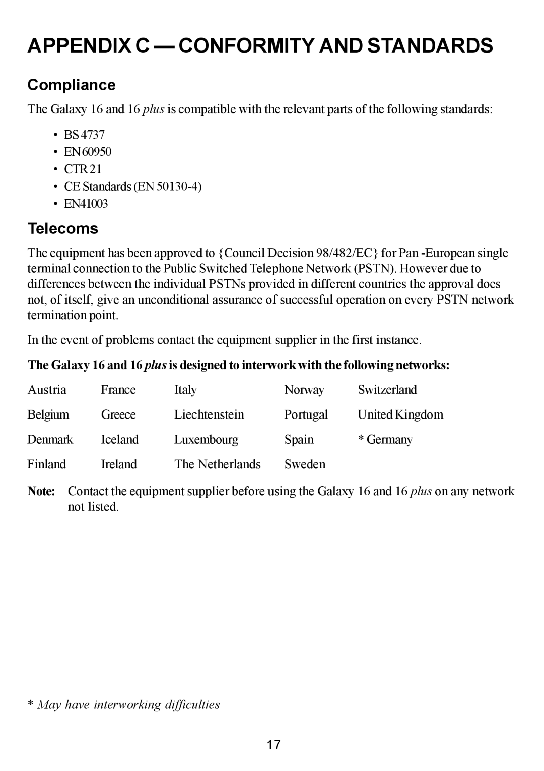 Honeywell 16 Plus manual Appendix C Conformity and Standards, Compliance, Telecoms 