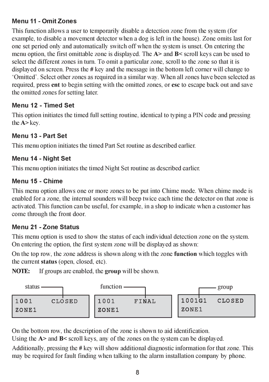 Honeywell 16103 manual Menu 11 Omit Zones, Menu 12 Timed Set, Menu 13 Part Set, Menu 14 Night Set, Menu 15 Chime 