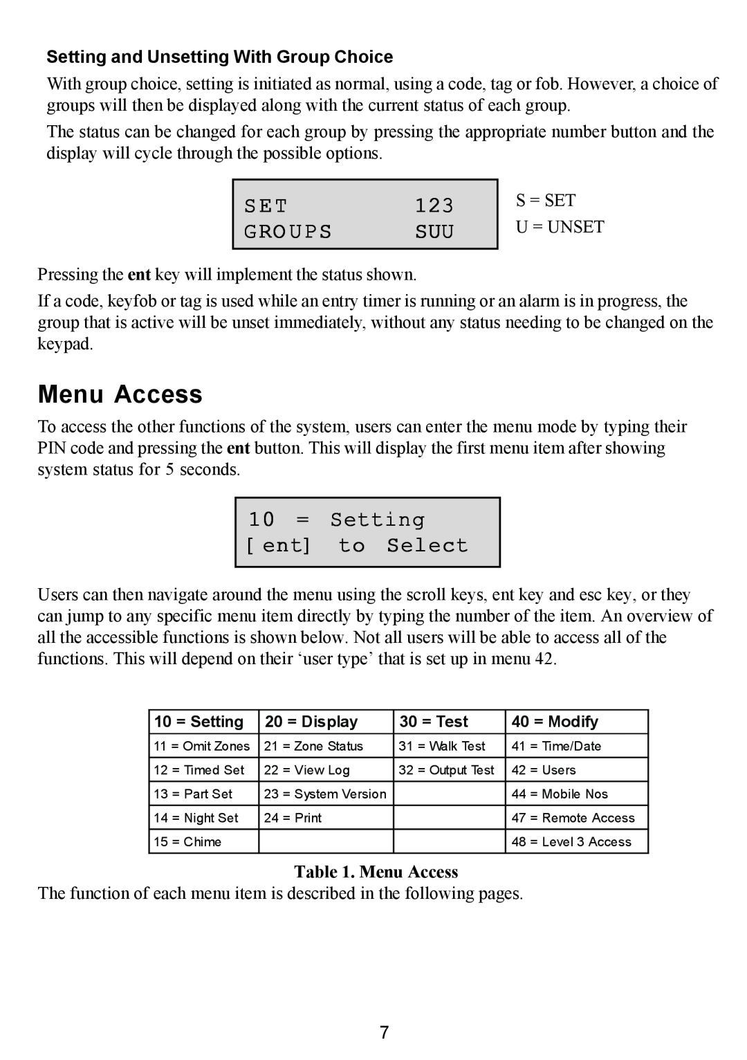 Honeywell 16103 manual Menu Access, Set Groups Suu, 10 = Setting ent to Select, Setting and Unsetting With Group Choice 