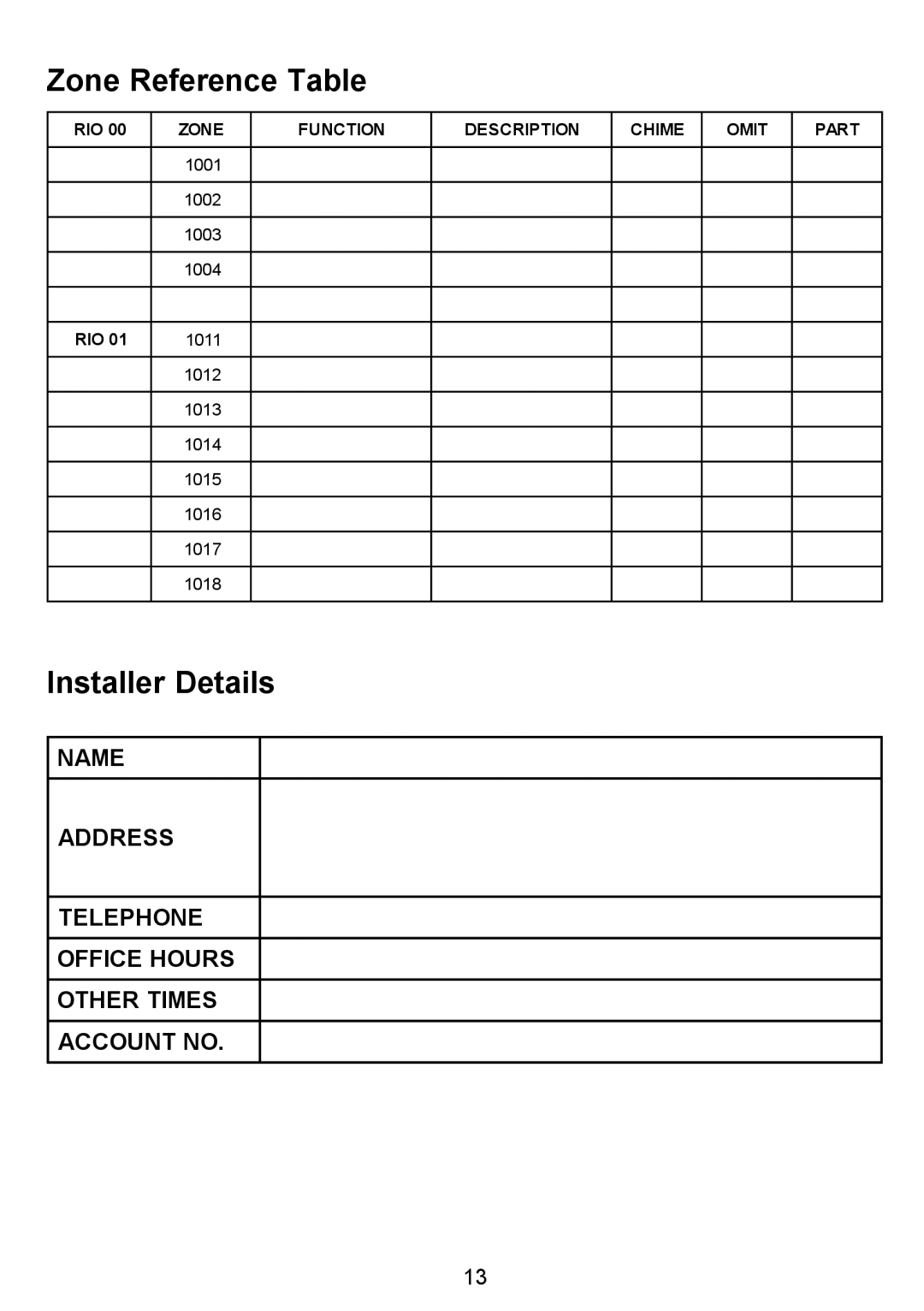 Honeywell 16103 Zone Reference Table, Installer Details, Name Address Telephone Office Hours Other Times, Account No, Omit 