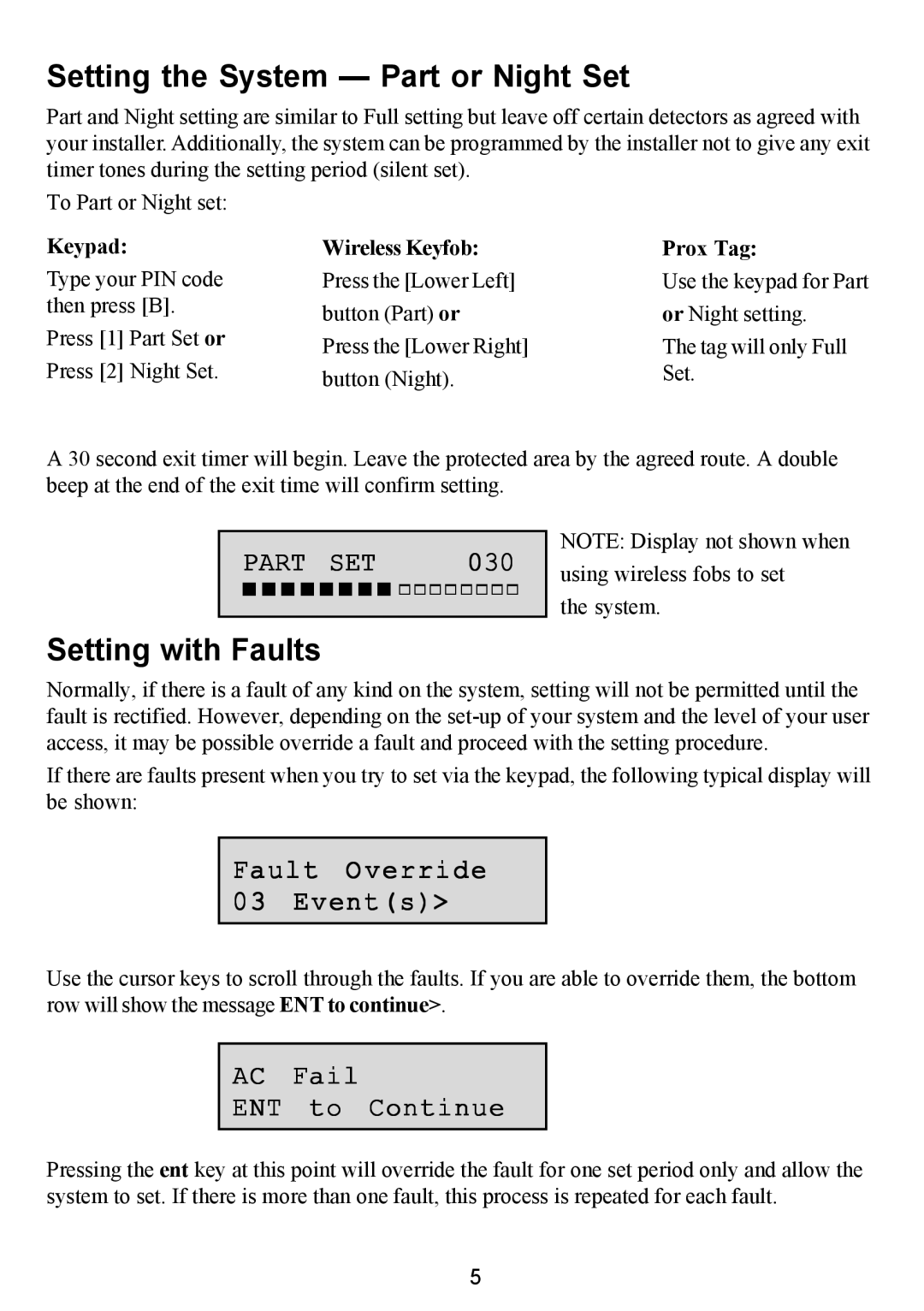 Honeywell 16103 Setting the System - Part or Night Set, Setting with Faults, Part Set, Fault Override 03 Events, Keypad 