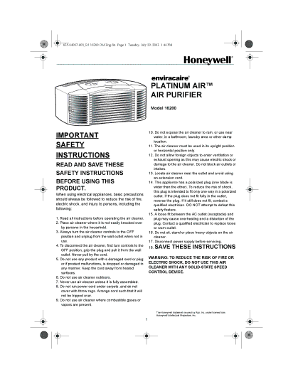 Honeywell 16200 important safety instructions Platinum AIR AIR Purifier 