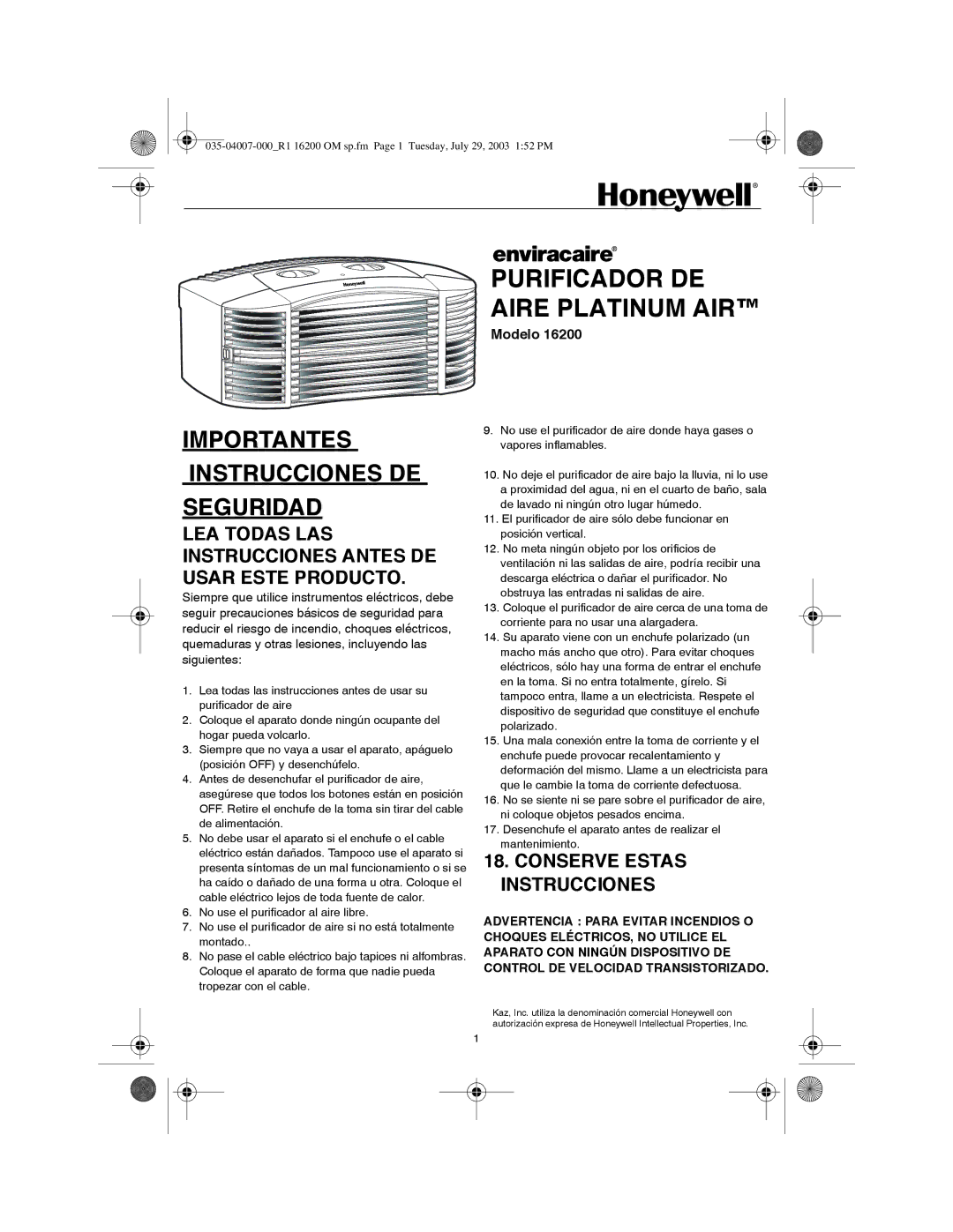 Honeywell 16200 important safety instructions Purificador DE Aire Platinum AIR 