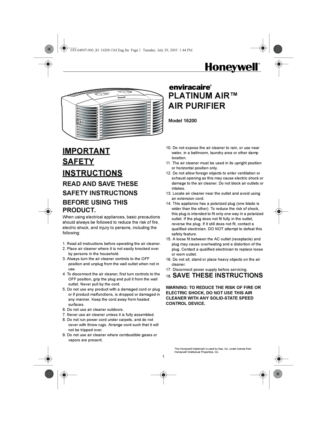 Honeywell 16200 important safety instructions Platinum Air Air Purifier, Safety Instructions, Before Using This Product 