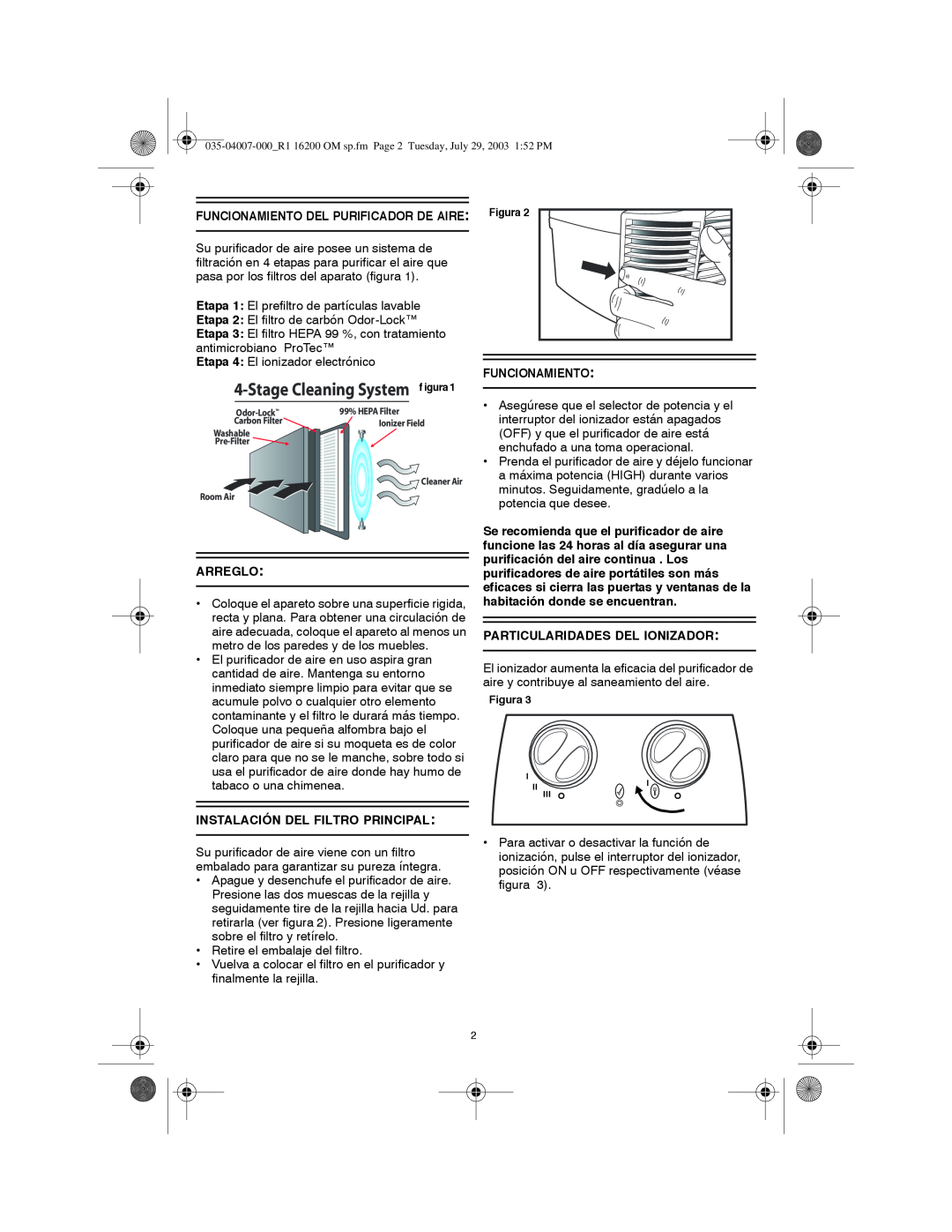 Honeywell 16200 important safety instructions StageCleaning System f igura, Funcionamiento Del Purificador De Aire, Arreglo 