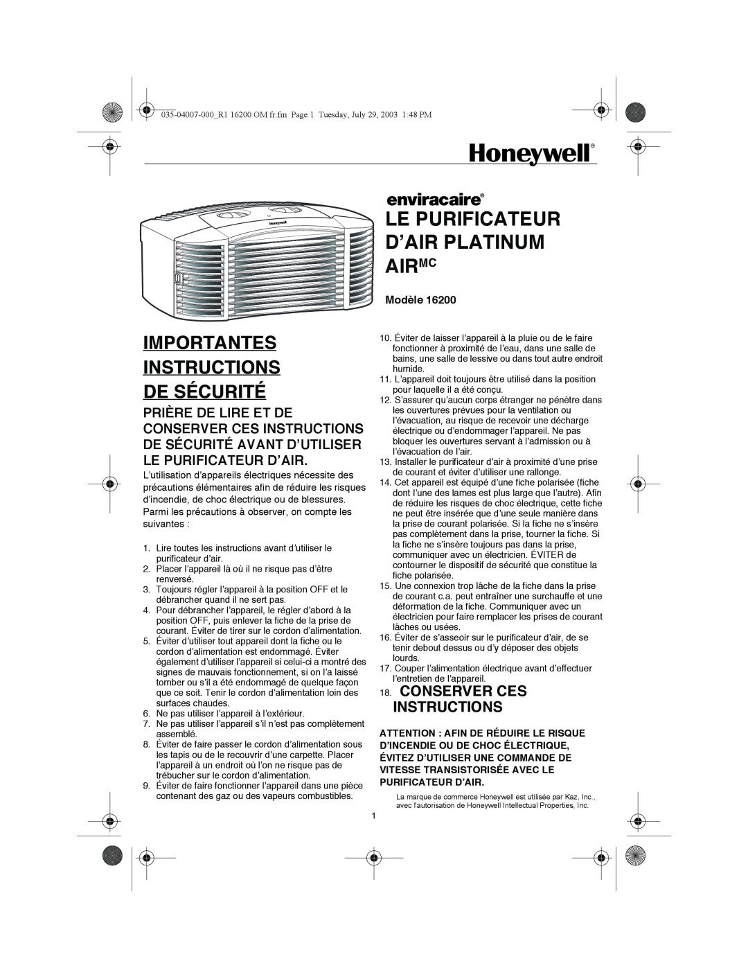 Honeywell 16200 Le Purificateur D’Air Platinum Airmc, Importantes Instructions De Sécurité, Conserver Ces Instructions 
