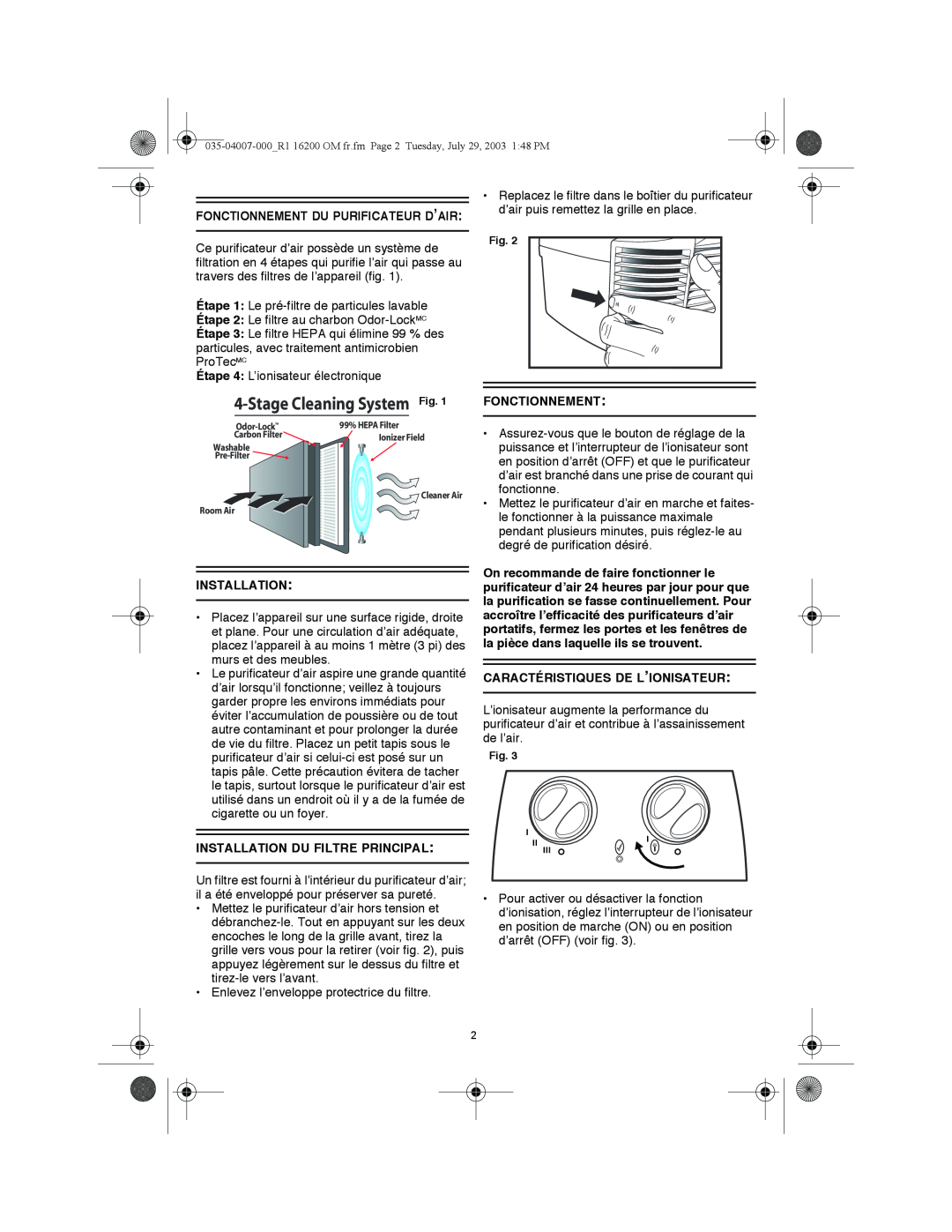 Honeywell 16200 Fonctionnement Du Purificateur D’Air, Installation Du Filtre Principal, StageCleaning System Fig 