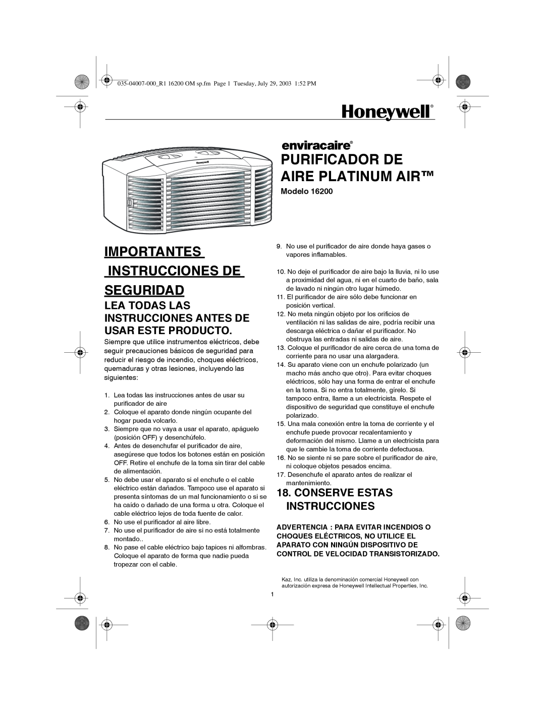 Honeywell 16200 Purificador De Aire Platinum Air, Importantes Instrucciones De Seguridad, Conserve Estas Instrucciones 
